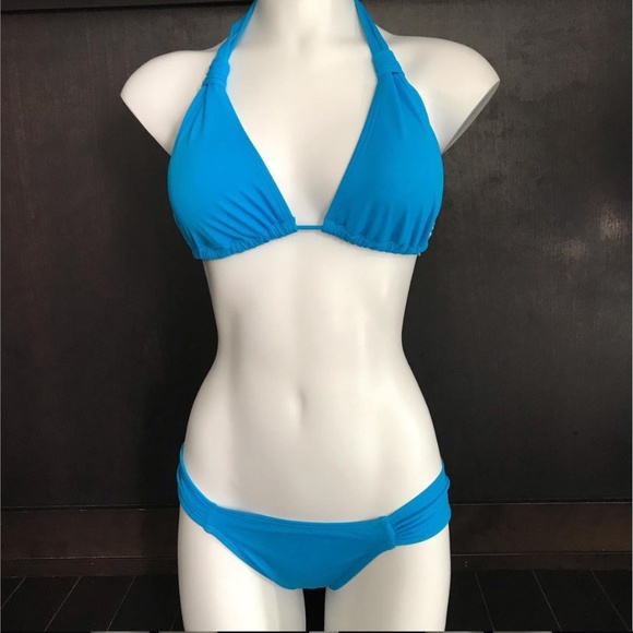 Billabong BLUE CRUSH era Vintage bikini solid blue halter top set RARE - Picture 2 of 10
